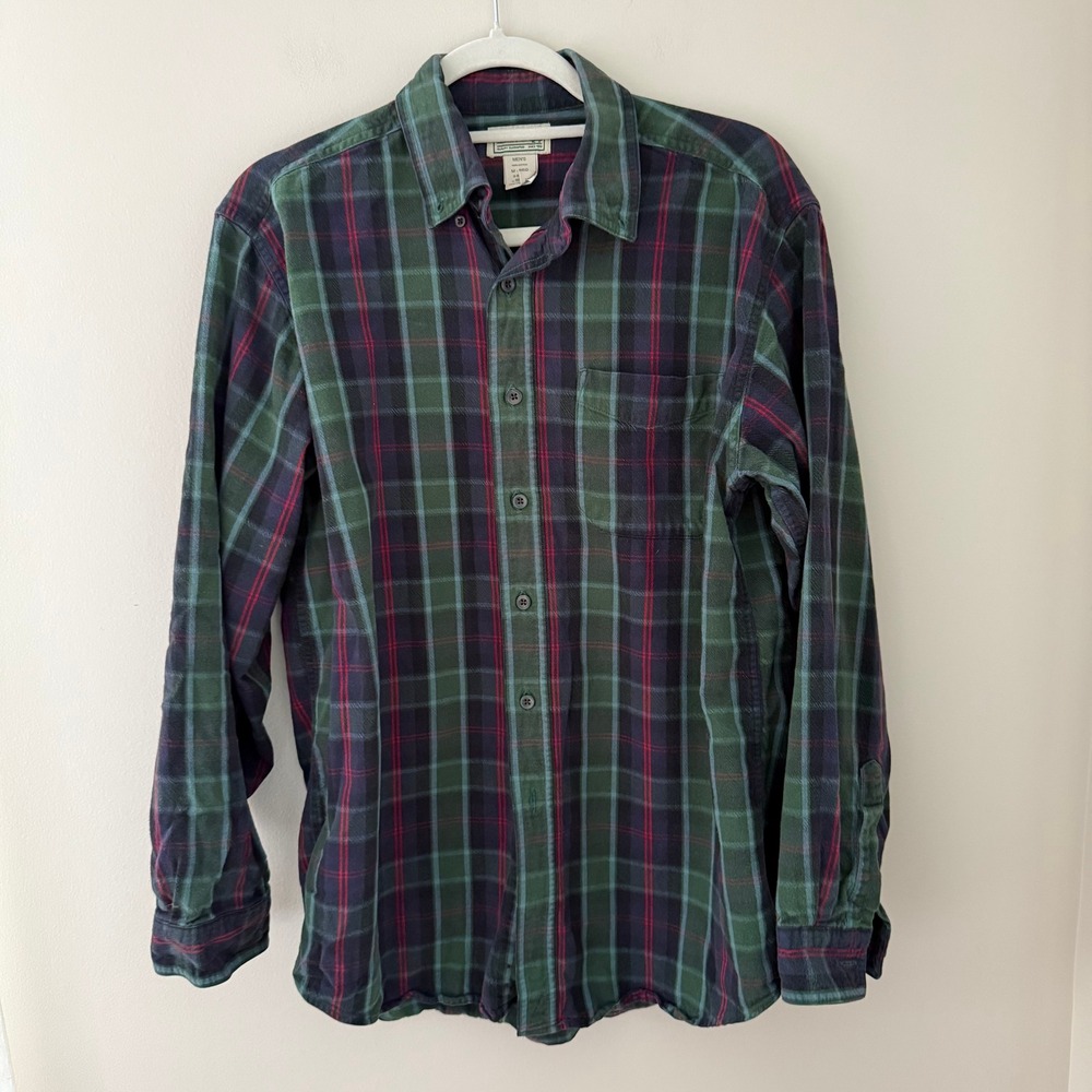 LL‎ Bean Mens Flannel Shirt Medium Regular Green Navy Red Plaid Cotton 0BHF4